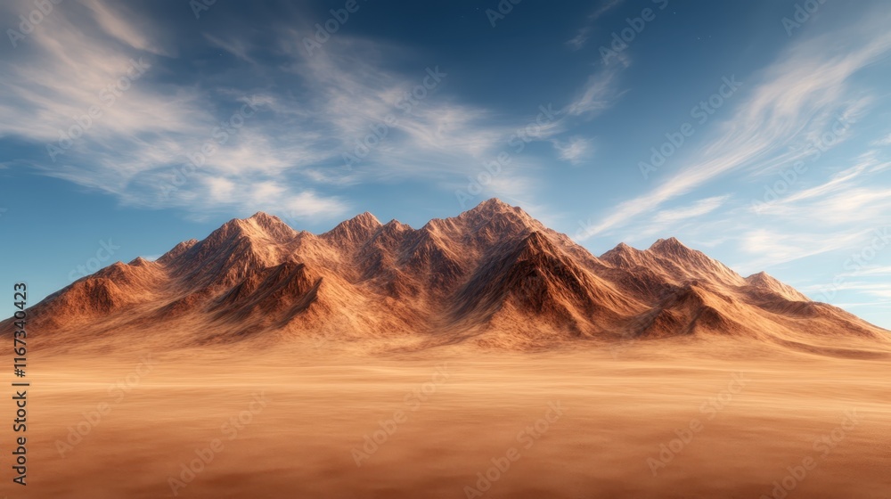 An expansive view of a stunning mountain range illuminated by clear blue skies, showcasing the raw beauty of nature and the majesty of unspoiled wilderness.