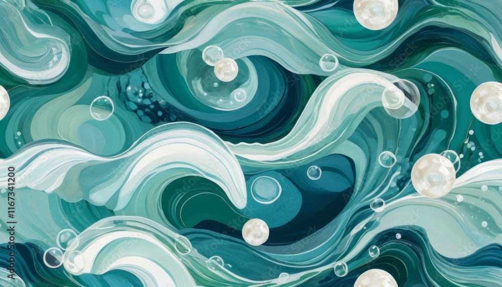 Abstract Teal Waves with Pearls and Bubbles Background Abstract Teal Waves with Pearls and Bubbles Background