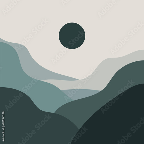 An eclipse among undulating green mountains enveloped by a calm and soft color gradient.