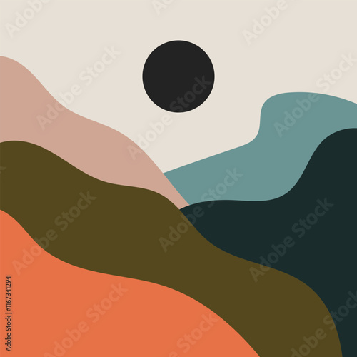 Solar eclipse against the background of mountains with rich green, ocher and orange shades. The contrast of warm and cold tones emphasizes the dynamics of nature.