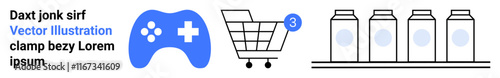 Blue game controller, shopping cart with notification, and jars on shelf. Ideal for e-commerce, gaming, online shopping, grocery delivery, modern retail, notifications, and digital marketplaces