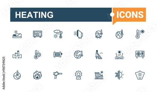 Heating icons set. Contains such icons as vent, flow, up, heating, icon, pipe, cook, sun. Simple line vector. Editable vector outline and solid icons.