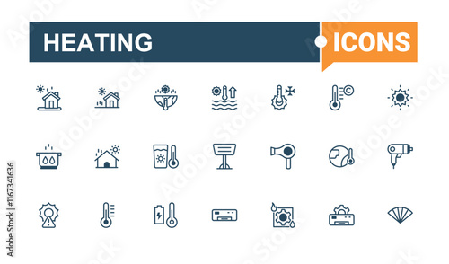 Heating icons set. Contains such icons as vent, flow, up, heating, icon, pipe, cook, sun. Simple line vector. Editable vector outline and solid icons.