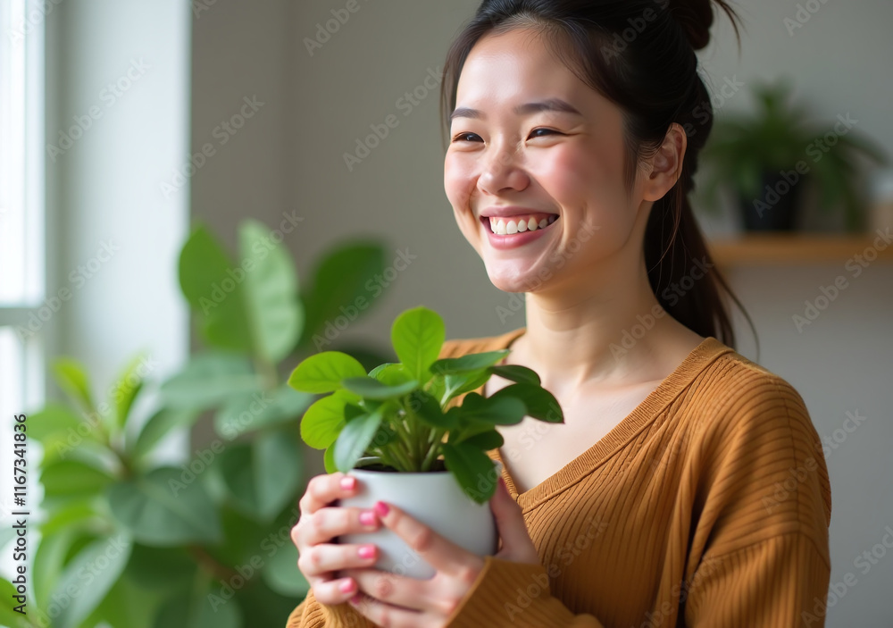 woman smiles cradling small green houseplant woman smiles cradling small green houseplant