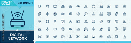 Set of Digital Network line icons. Icons laptop, networking, phone, host, Internet, net, communication and more. Collection for mobile and web apps. Editable vector outline and solid icons.