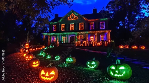 Halloween night, illuminated house with carved pumpkins. photo