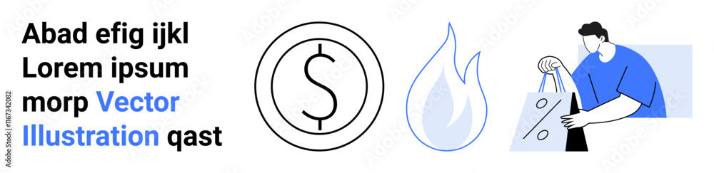Man carrying a shopping bag, a dollar symbol, a flame illustration, and a text block. Ideal for marketing, finance, business, economy shopping sustainability themes graphic design. Landing page Man carrying a shopping bag, a dollar symbol, a flame illustration, and a text block. Ideal for marketing, finance, business, economy shopping sustainability themes graphic design. Landing page
