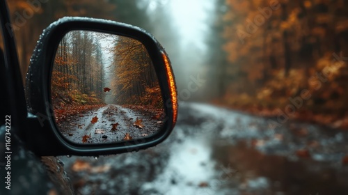 The enchanting view of a misty road adorned with fallen leaves captured in a side mirror, reflecting a magical autumn ambiance and evoking a sense of nostalgia. photo