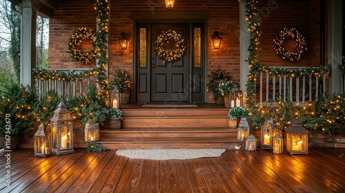 Wallpaper Mural Festive Christmas Porch Decor with Lanterns and Wreaths Torontodigital.ca