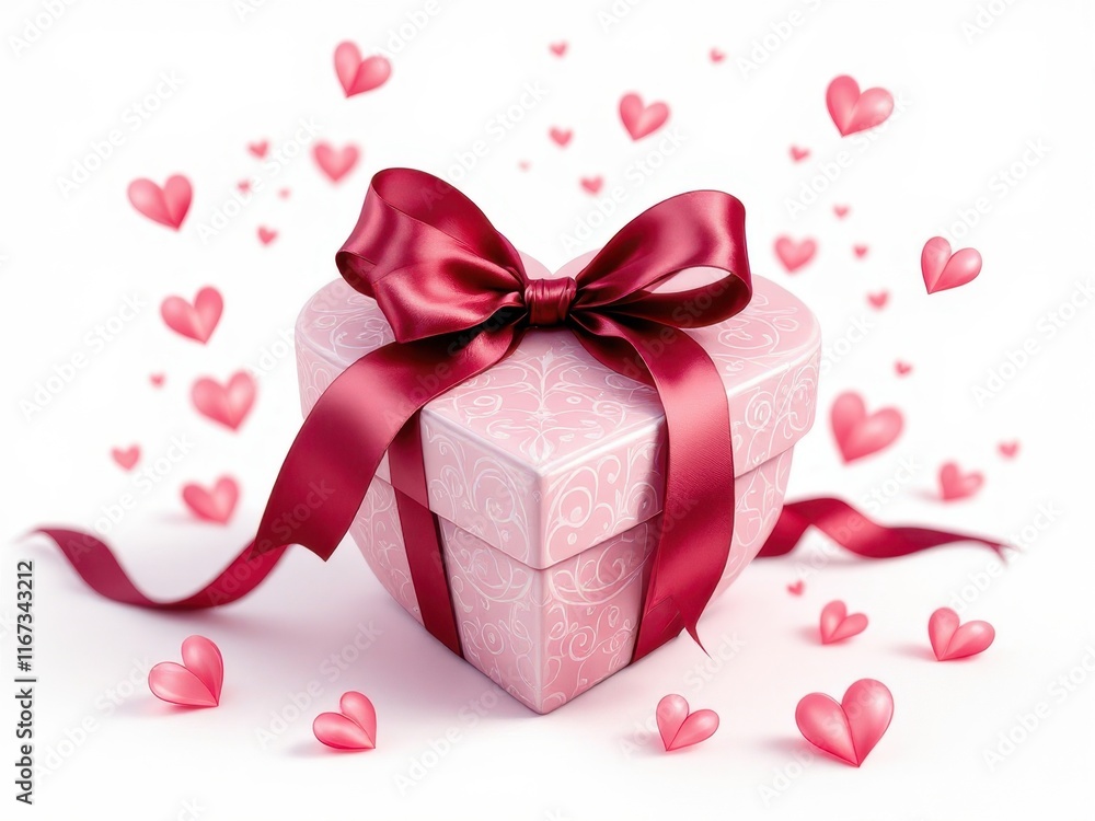 Red gift box tied with a bow and hearts, a romantic and festive image for Valentine’s Day or holiday projects. Red gift box tied with a bow and hearts, a romantic and festive image for Valentine’s Day or holiday projects.