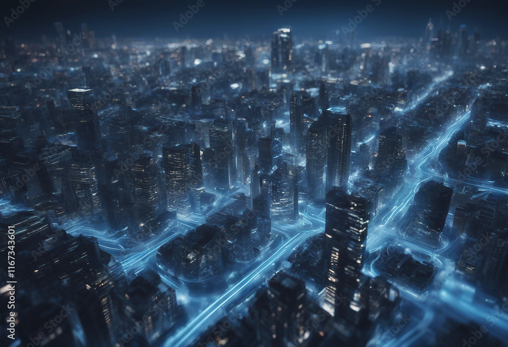 Digital twin of smart city urban center with buildings and streets surrounded by glowing blue lines Digital twin of smart city urban center with buildings and streets surrounded by glowing blue lines