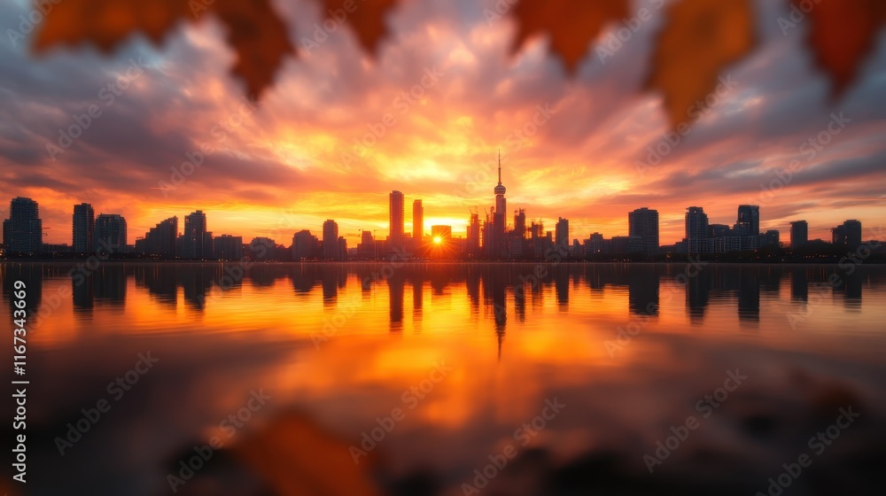 An enchanting view of a city skyline at sunset framed by autumn leaves, reflecting on the water, merging nature with urban beauty in harmony. An enchanting view of a city skyline at sunset framed by autumn leaves, reflecting on the water, merging nature with urban beauty in harmony.