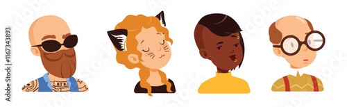 Man and Woman Head and Profile Portrait Vector Set