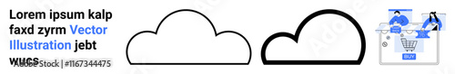 Two cloud shapes, one filled and one outlined, with dummy text and business figures analyzing data on a shopping cart screen. Ideal for cloud computing, business analysis, data visualization