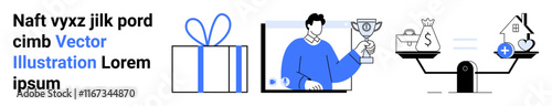 Blue bow gift box, man holding trophy, and scales balancing house, money bag and fluctuating value. Ideal for marketing, finance, online courses, investment, real estate rewards growth concepts