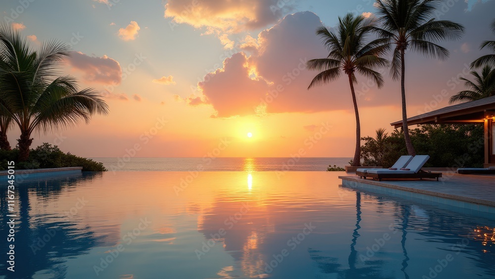 Tropical Paradise Sunset: Infinity Pool Reflections
