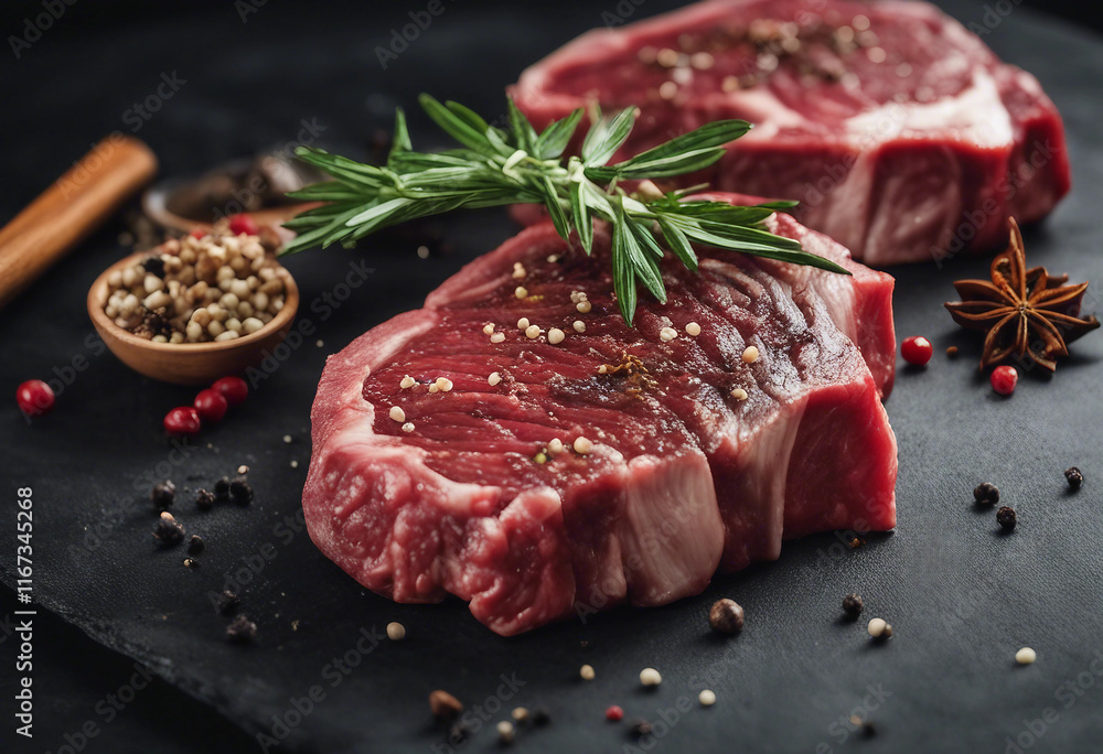 Fresh raw marbled beef rib eye steak and spices on black stone background copy space Fresh raw marbled beef rib eye steak and spices on black stone background copy space