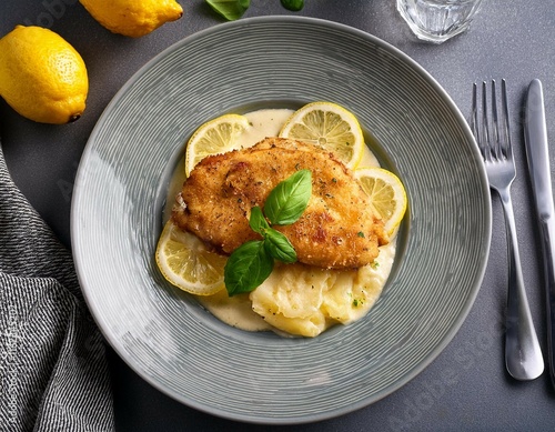 tasty lemon chicken piccata on a grey table zoomed in photo