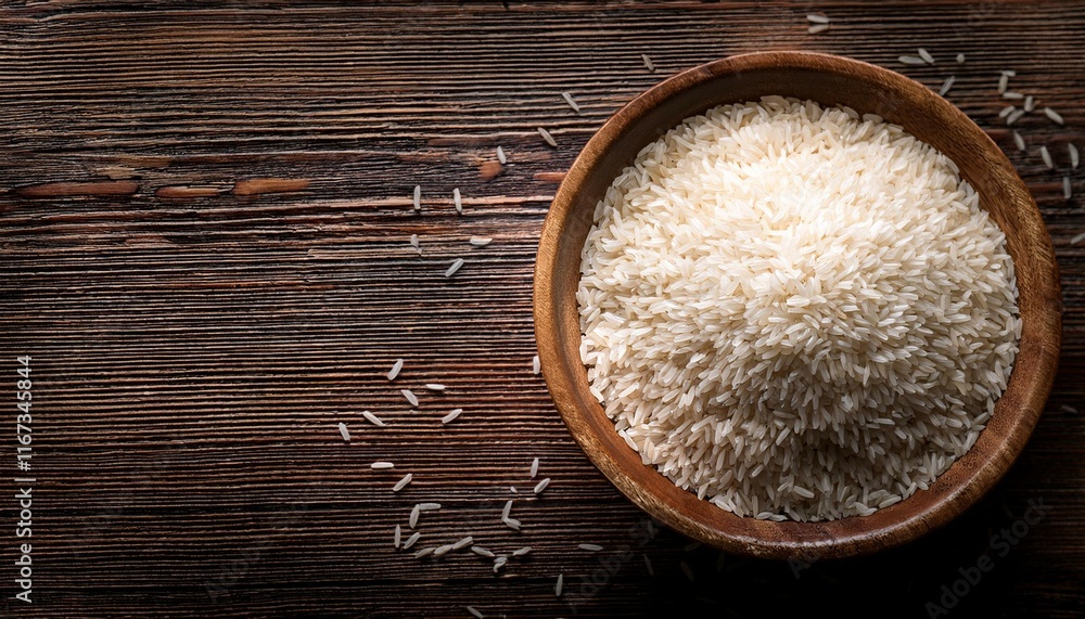 raw rice in a wooden bowl on a dark wooden background raw rice in a wooden bowl on a dark wooden background