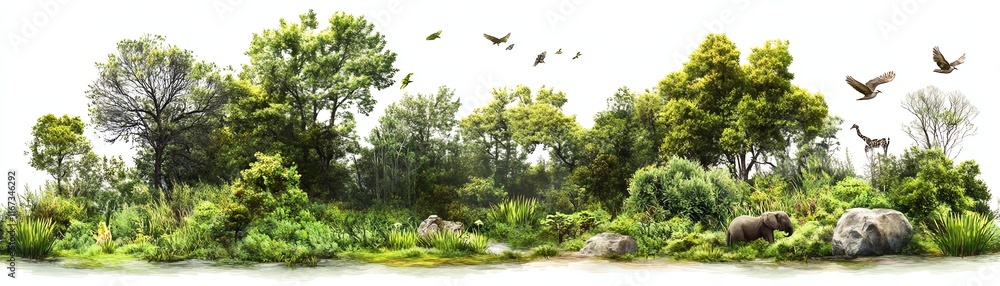Lush green landscape with trees and wildlife, vibrant nature scenery. Lush green landscape with trees and wildlife, vibrant nature scenery.
