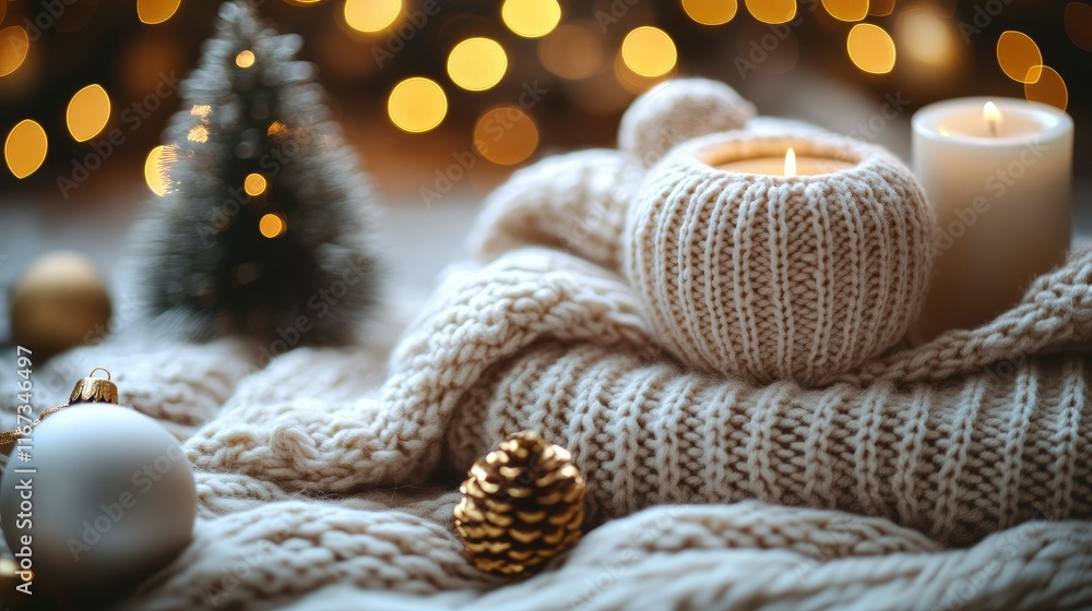 Cozy Winter Scene with Candles, Knitwear, and Christmas Decorations Cozy Winter Scene with Candles, Knitwear, and Christmas Decorations