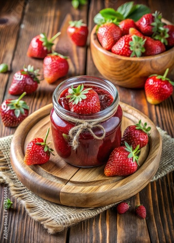 Strawberry jam on a wooden board, surrounded by strawberries.