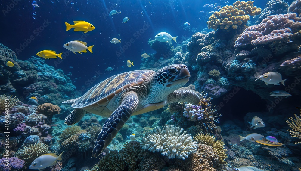 Marine Life in Underwater Aquarium with Loggerhead Sea Turtle and Coral Marine Life in Underwater Aquarium with Loggerhead Sea Turtle and Coral