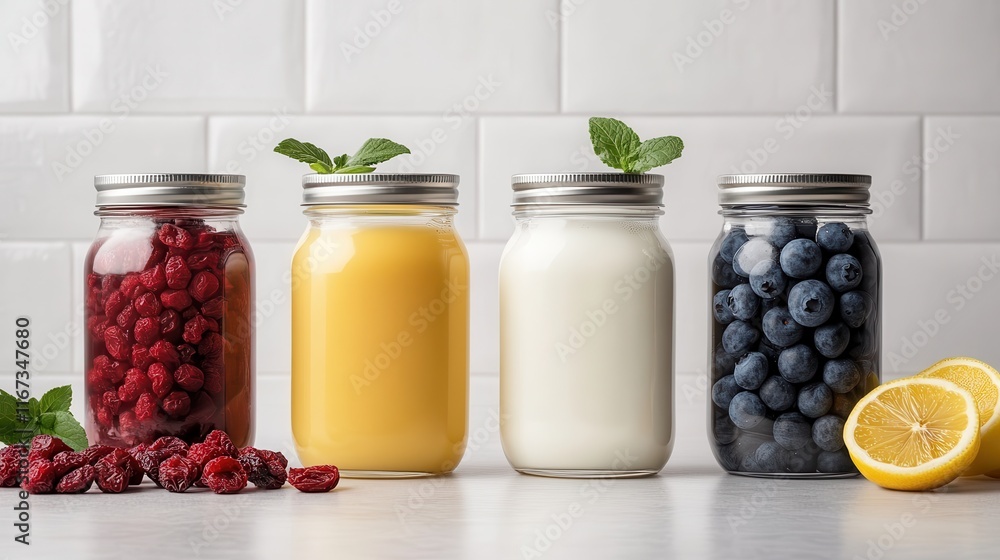 A vibrant display of jars filled with berries and yogurt on a clean white countertop, highlighting fresh ingredients ideal for health and wellness concepts. A vibrant display of jars filled with berries and yogurt on a clean white countertop, highlighting fresh ingredients ideal for health and wellness concepts.