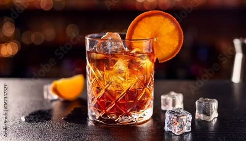 closeup glass of traditional alcohol cocktail godfather on the bar with slice of orange and ice cubes photo