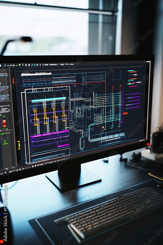 Computer screen showing a CAD schematic of energy flow in a smart grid system. Computer screen showing a CAD schematic of energy flow in a smart grid system.