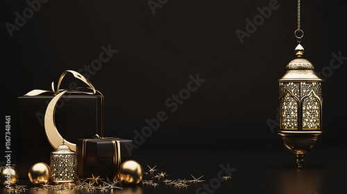 black background, Gift box, lantern, gold crescent moon. Design concept of Ramadan Kareem, mawlid, iftar,isra and Miraj or Eid ul fitar , Eid ul Adha, copy space text area, high resolution image photo