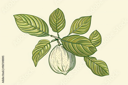 Hand-Drawn Watercolor Illustration of Green Grapefruit with Leaves and Branch, Fresh Citrus Fruit and Botanical Art