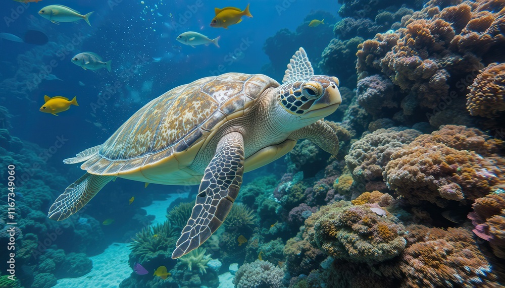 Fototapeta premium Marine Life in Underwater Aquarium with Loggerhead Sea Turtle and Coral
