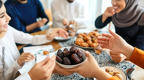 Happy Muslim family having iftar dinner to break fasting during Ramadan dining table at home group of people eating a healthy food dates. photo