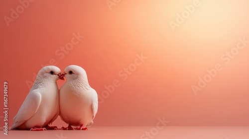 A charming photograph capturing two white pigeons affectionately touching beaks against a soft orange background, symbolizing love and companionship in nature. photo