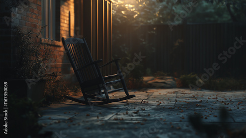 Evening light casts shadows on a quiet porch with a rocking chair surrounded by nature