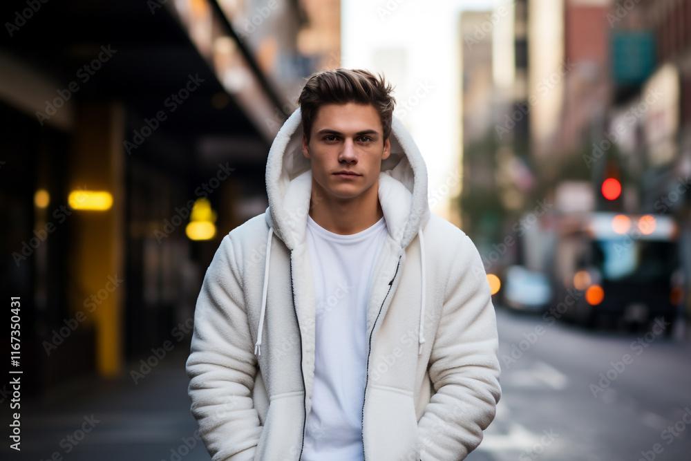 Urban Charm: Portrait of a Young Man in a White Jersey Amidst the City Urban Charm: Portrait of a Young Man in a White Jersey Amidst the City