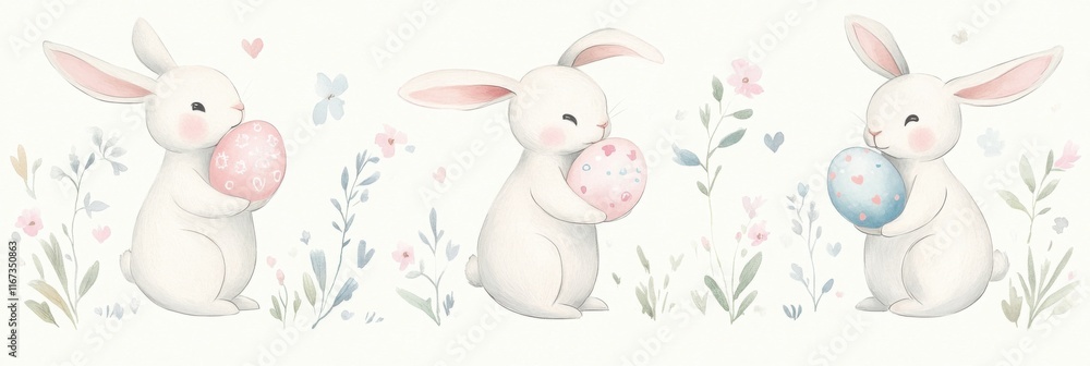 Playful easter bunnies with colorful eggs in spring garden design Playful easter bunnies with colorful eggs in spring garden design