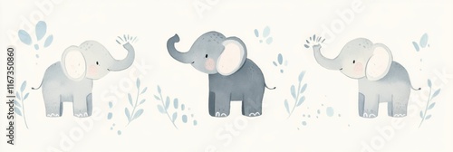 Playful elephants with water splashes in soft grey design for spring decor and children's themes