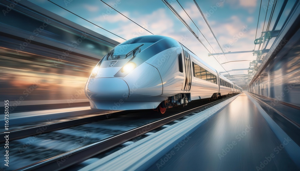 Fototapeta premium A sleek, modern train travels rapidly along tracks, showcasing advanced engineering against a backdrop of dynamic motion and urban infrastructure.