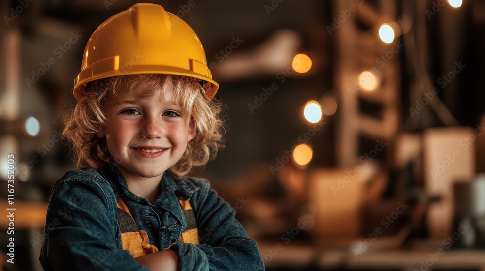 A smiling child poses confidently with arms crossed, showcasing a vibrant yellow construction helmet, embodying courage and the joy of creative building adventures. A smiling child poses confidently with arms crossed, showcasing a vibrant yellow construction helmet, embodying courage and the joy of creative building adventures.