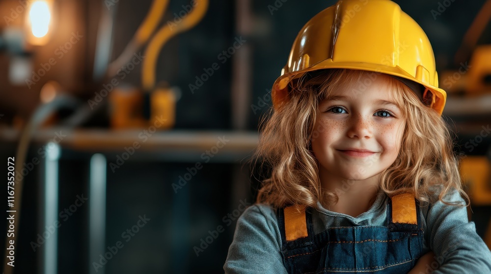 A smiling child in a colorful outfit with a bright yellow hard hat exudes happiness and warmth, symbolizing youth's joy and playfulness in a creative construction setting. A smiling child in a colorful outfit with a bright yellow hard hat exudes happiness and warmth, symbolizing youth's joy and playfulness in a creative construction setting.