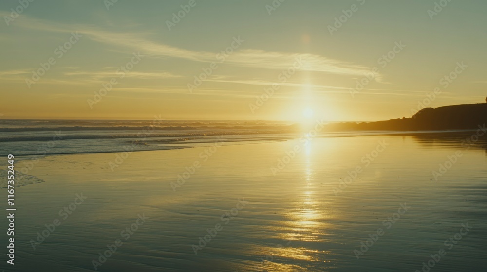 Golden Sunset Over Ocean Beach Waves Golden Sunset Over Ocean Beach Waves