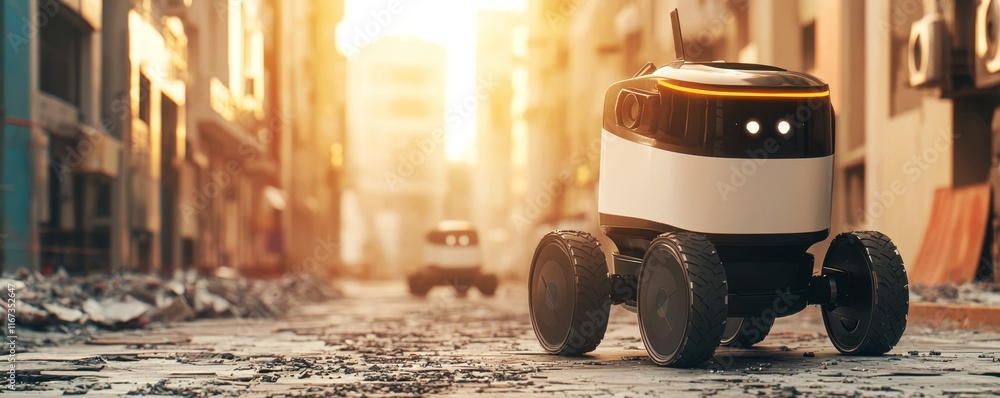 A futuristic street scene featuring delivery robots navigating a desolate alley, illuminated by warm sunlight in an urban setting. A futuristic street scene featuring delivery robots navigating a desolate alley, illuminated by warm sunlight in an urban setting.