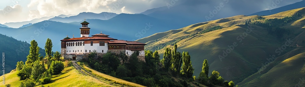 Scenic view of a traditional building on a lush hilltop surrounded by mountains. Scenic view of a traditional building on a lush hilltop surrounded by mountains.