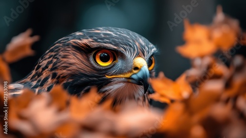 This close-up image features a hawk's intense gaze peering through a burst of autumn leaves, showcasing the connection between wildlife and seasonal beauty. photo