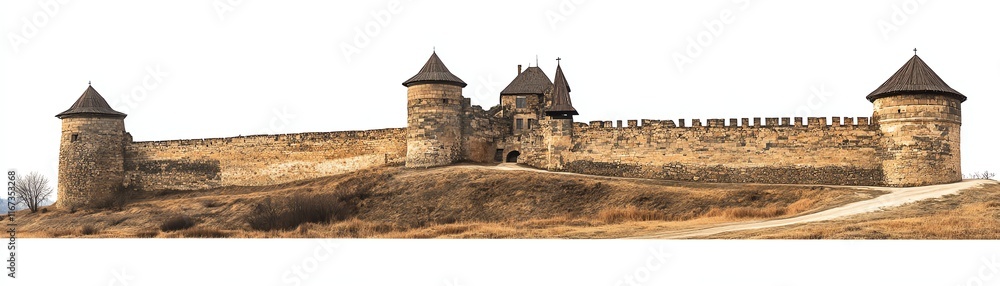 Ancient castle walls with towers on a hill, white isolate background. Ancient castle walls with towers on a hill, white isolate background.