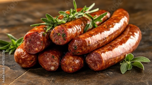 Succulent grilled sausages stacked appealingly, adorned with fresh herbs, showcasing a mouth-watering display that encapsulates the essence of home-cooked flavors and traditions. photo