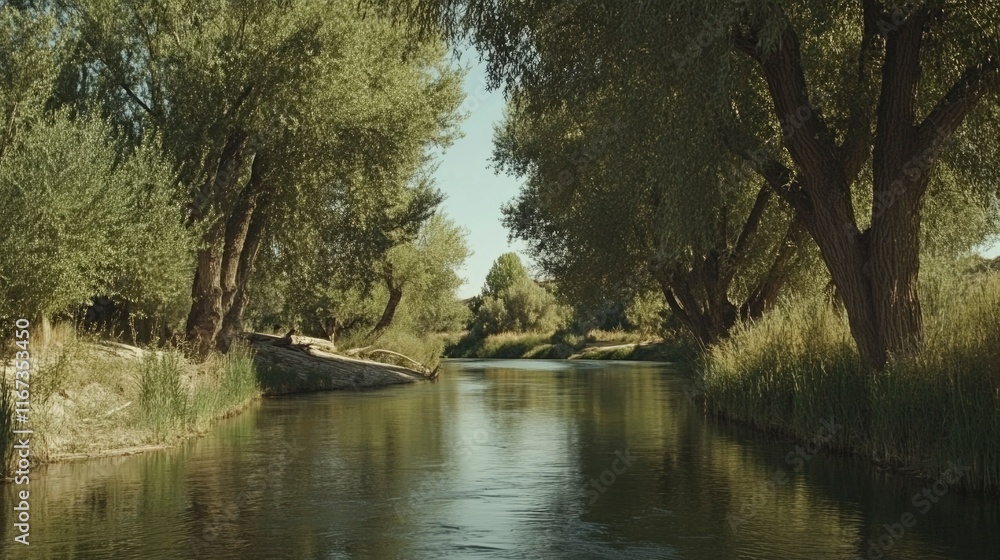 Naklejka premium Serene River Scene Framed by Lush Green Trees