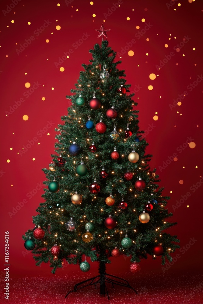 A Christmas tree with a red background and a bunch of colorful ornaments A Christmas tree with a red background and a bunch of colorful ornaments